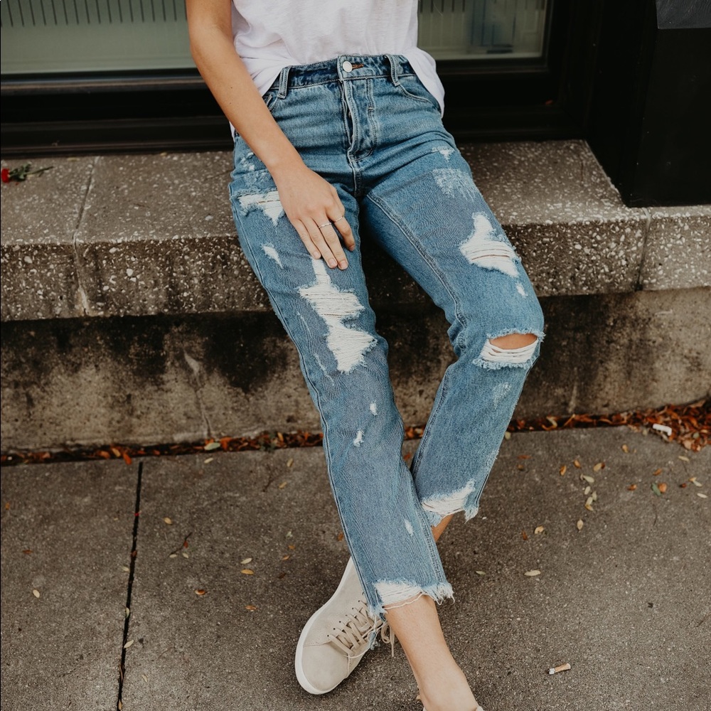 Distressed mom jeans